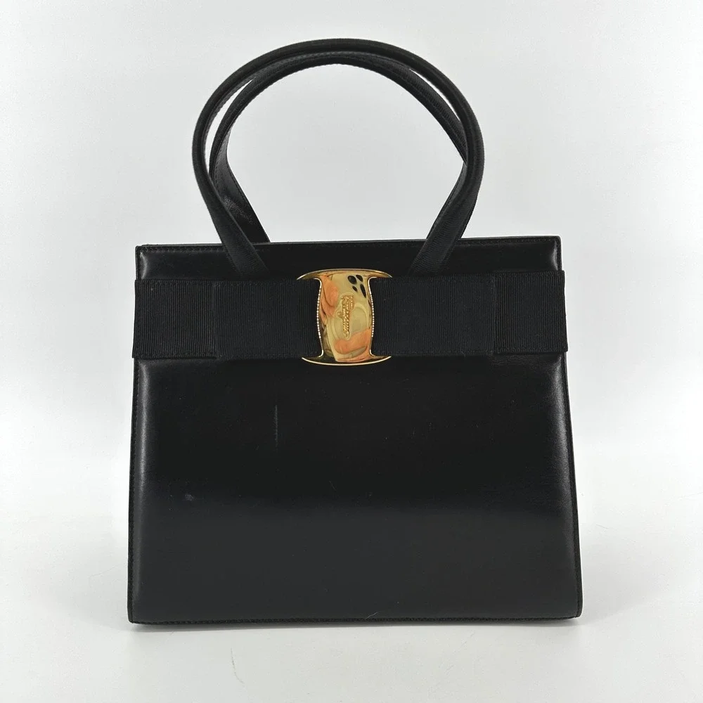 Salvatore Ferragamo Vintage Vara Ribbon Top Handle Bag Black Calfskin AQ-214178